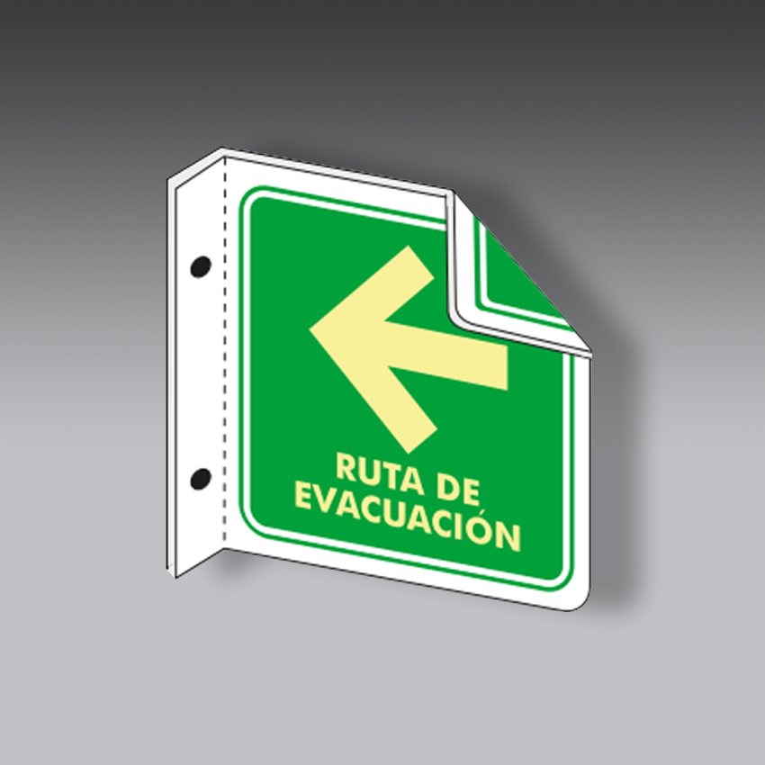 letreros para la seguridad industrial ruta de evacuacion izquierda tipo bandera con texto modelo modelo 129 marca extinpar